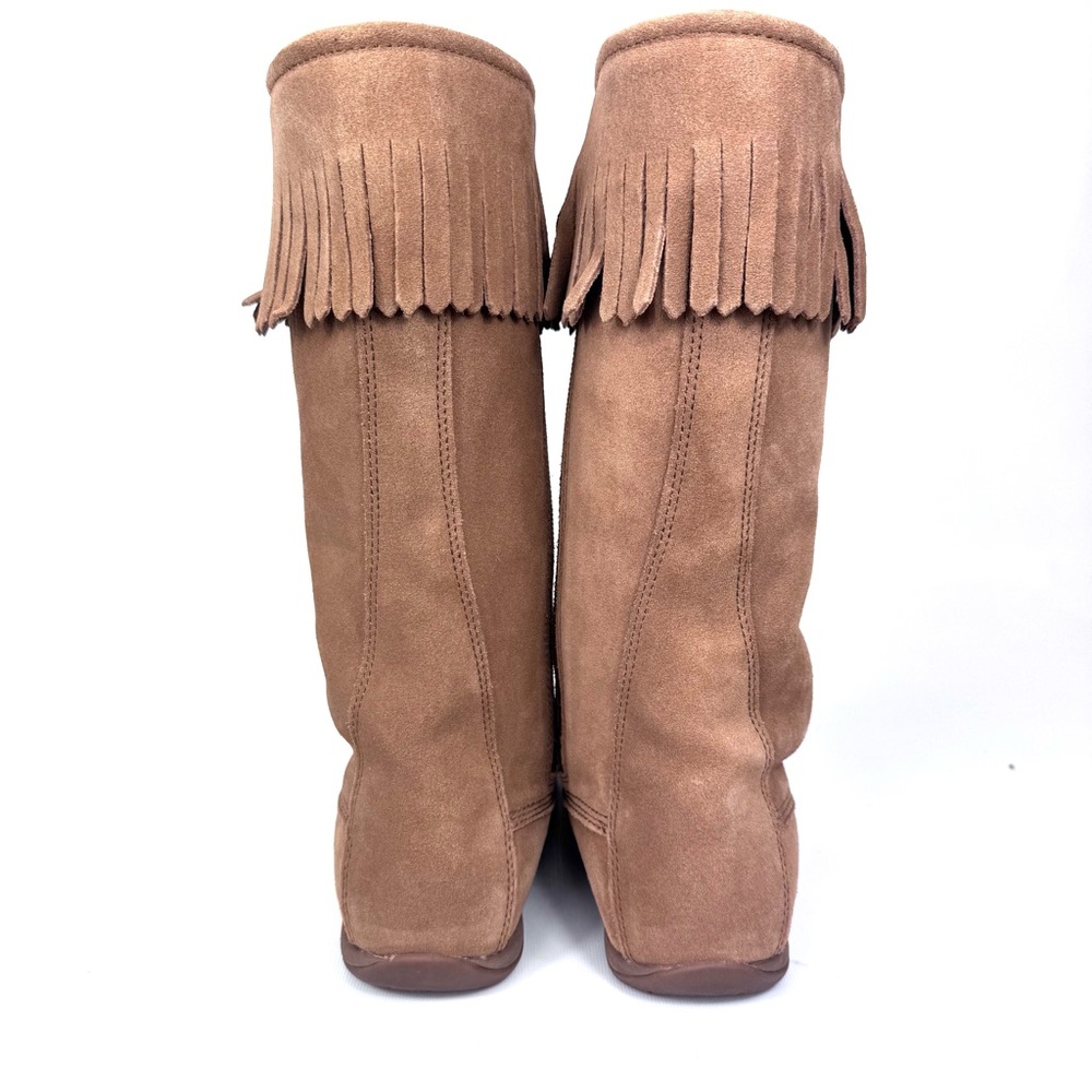 LL Bean tall suede tan moccasin boots shearling lined lace up w fringe. Sz 7.5 - Picture 6 of 14